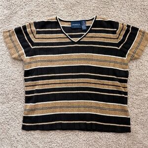 Liz Claiborne Striped Black and Tan V-Neck Top